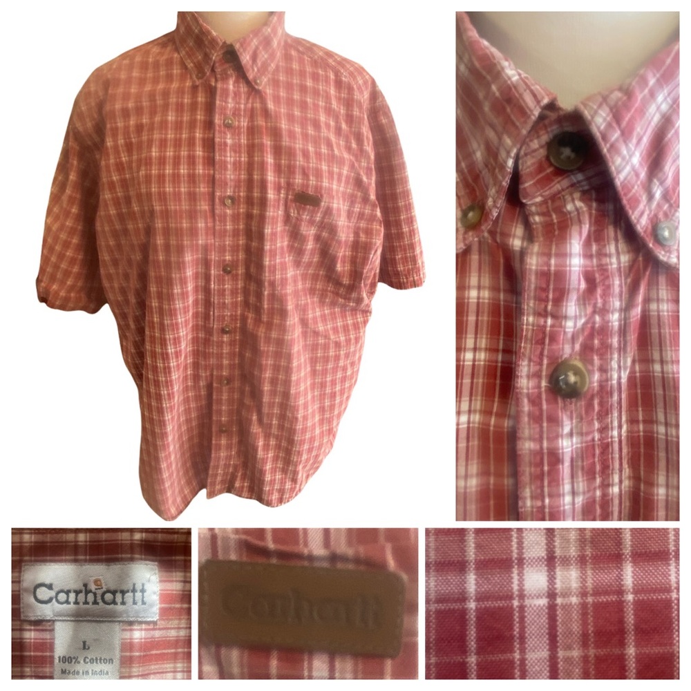 Carhartt Mens Large (47” In Chest) Red Cotton Short Sleeve Button Up Work Shirt